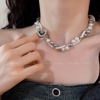长彩施家轻奢珍珠项链女2024小米珠颈链小众叠戴感锁 双层叠戴混色珍珠项链