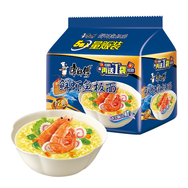 淘金币可用、88VIP：康师傅 鲜虾鱼板面 5袋