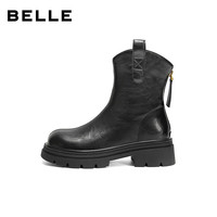 百丽(Belle)复古弹力靴女25冬商场款粗跟增高显瘦弹力短靴E5E1DDZ5 黑色-宽版 35