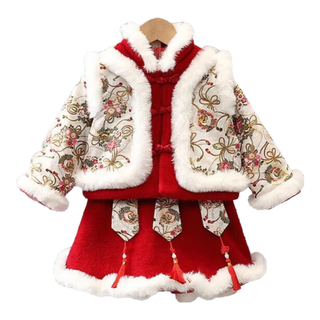 贝婴初（BEIYINGCHU）女童汉服全套秋冬款新年衣服套装儿童公主裙加绒中国风拜年服红色 上袄+裙子+头饰 140cm身高125-135 140码(身高129-138cm)