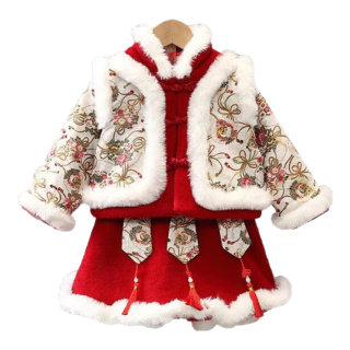 贝婴初（BEIYINGCHU）女童汉服全套秋冬款新年衣服套装儿童公主裙加绒中国风拜年服红色 上袄+裙子+头饰 140cm身高125-135 140码(身高129-138cm)