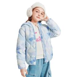 雪中飞 童装儿童羽绒服2024女童中大童时尚印花男童轻薄连帽羽绒服 灰蓝几何 1