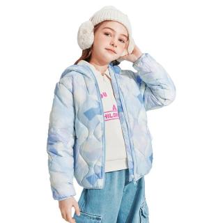 雪中飞 童装儿童羽绒服2024女童中大童时尚印花男童轻薄连帽羽绒服 灰蓝几何 110