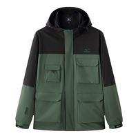 美津浓 冲锋衣男户外夹克连帽外套男多口袋防风机能登山服 黑色/目绿 2XL