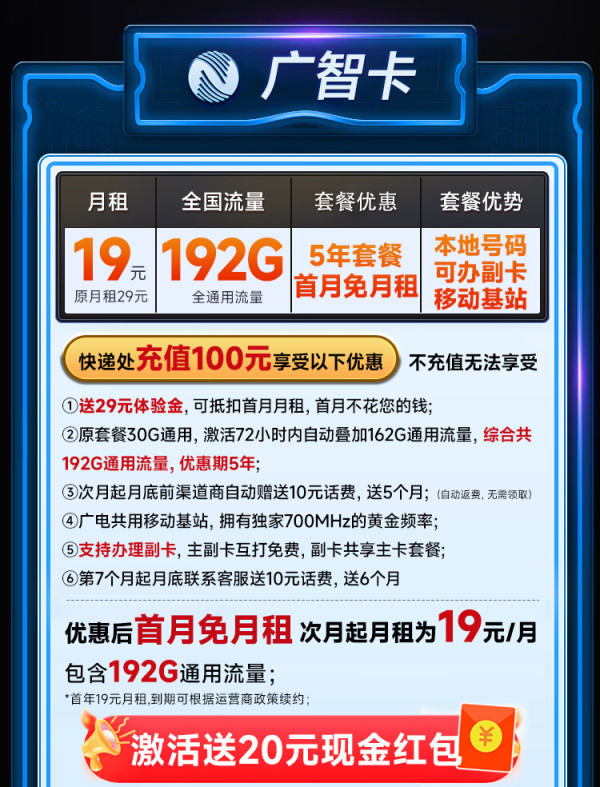 中国广电 本地归属地 首年19元月租(可办副卡+222G通用流量+首月免费用)广智卡+畅享5G不限网速