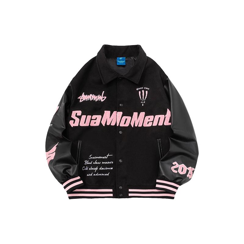 SUAMOMENT抓痕字母刺绣毛呢棒球服男女春秋宽松休闲夹克外套上衣