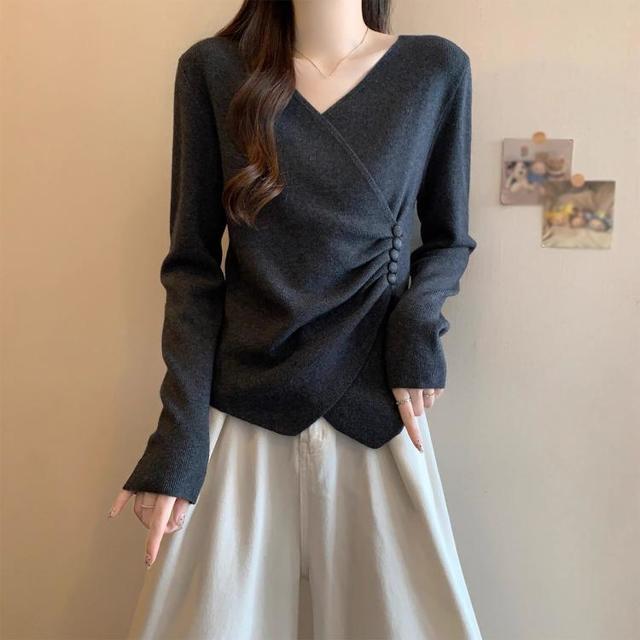 K·A·K·O KAKO 巨好看V领褶皱不规则大码针织衫2025秋冬女士毛衣针织打底衫