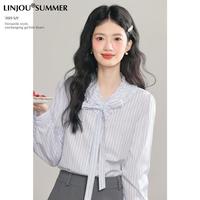 玲玖 2025新款法式蝴蝶结系带长袖条纹衬衫女早春独特别致小衫上衣