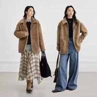 DUIBAI 仿麂皮绒翻领毛毛女式外套