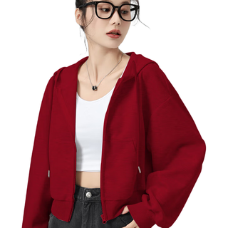 MJ STYLE插肩袖红色过年衣服女2025春季宽松短款小个子连帽外套开衫 车厘子红/纯色