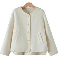 晚白2024冬季时尚简约厚外套纯色休闲绵羊毛短款毛料外套女 米白色 S