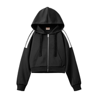 马登 MADEN女装 空气层连帽夹克春季条纹毛绒拼接开衫卫衣运动通勤上衣外套 星空黑 M