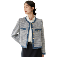 初申小香风短外套女时尚圆领气质粗花格纹毛边撞色外套S51D002