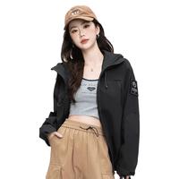 春秋女式夹克运动连帽外套女魔术贴简约潮牌宽松减龄舒适户外上衣