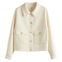 熙世界sllsky小香风休闲短款外套女小个子百搭翻领夹克上衣2025春装 奶霜白 L