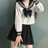 柏潮jk制服水手服白三本日系校园风长袖套装海军风软妹短裙子 白色三本长袖+短裙+蝴蝶节+袜 XXL
