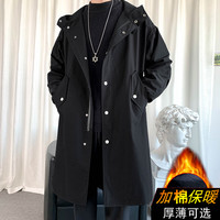 风衣外套男高级感中长款薄款大衣春秋男装上衣服长款休闲冲锋衣 黑色加棉加厚-F174款 L