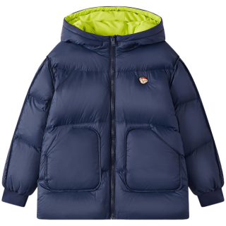 马骑顿 男大童冬季学院风潮酷休闲保暖连帽羽绒服中长款 藏青 140