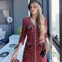 限尺码：粉红大布娃娃 撞色边修身小香风连衣裙女冬季连衣裙气质连衣裙女装高级感连衣裙