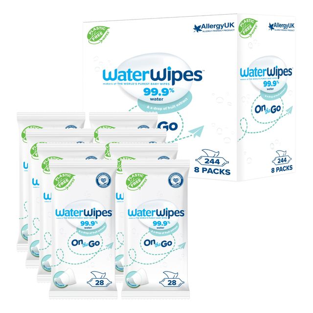WaterWipes 旅行湿巾 224 张(8 件装),99.9% 水性湿巾 非常适合外出使用 面部和身体