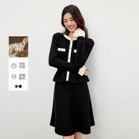 秋水伊人 【2025年冬季】撞色圆领裙子女气质优雅袖口荷叶边连衣裙