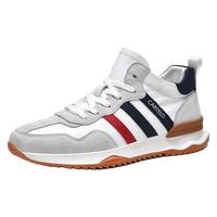 卡帝乐鳄鱼 男鞋春夏季真皮防滑板鞋厚底旅游鞋透气帆布男士休闲鞋跑步运动鞋 米白