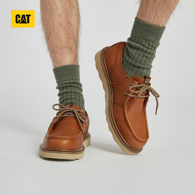 PLUS会员：CAT 卡特彼勒 男士户外工装低帮休闲皮鞋 棕色 44