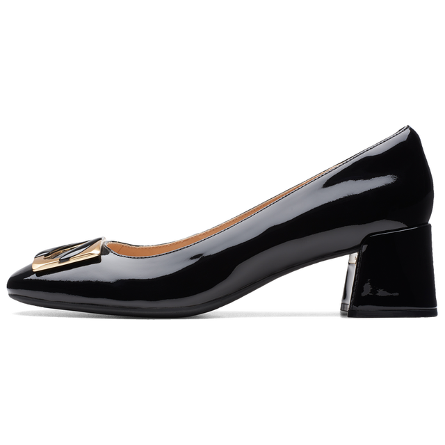 Clarks 其乐 妮雅系列女鞋C扣漆皮方头浅口通勤粗跟复古单鞋