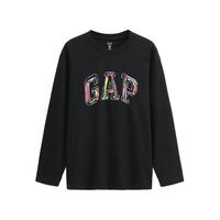 Gap 男女装秋季logo涂鸦印花纯棉宽松长袖T恤上衣787426 黑色