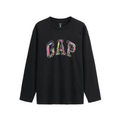 Gap logo涂鸦印花纯棉长袖T恤 黑色