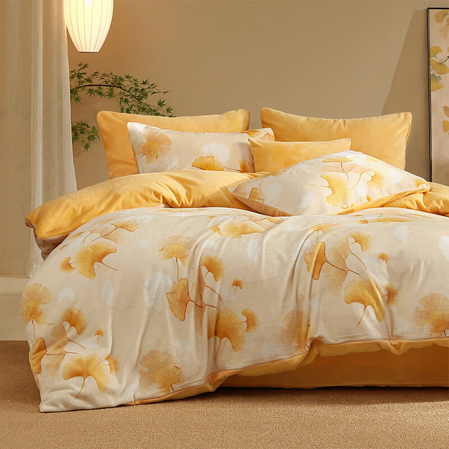 水星家纺 牛奶绒加厚秋冬抗静电  浅杏梦羽 1.2米床