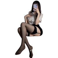 浪莎吊带丝袜女性感情趣超薄黑丝一体开裆长筒纯欲风连裤袜 黑1+红1