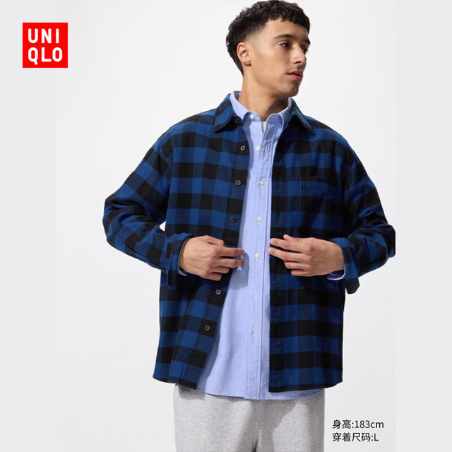 UNIQLO 男女装法兰绒格子衬衫长袖衬衣薄外套25秋冬480772 65 宝蓝色 2XL