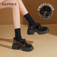 达芙妮厚底乐福鞋女2025复古系带单鞋百搭黑色英伦风小皮鞋通勤女鞋 亮面黑 【玫瑰装饰-6cm厚底】 37 (235mm)