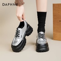 达芙妮厚底乐福鞋女2025复古系带单鞋百搭黑色英伦风小皮鞋通勤女鞋 银色 【6cm跟高】 38 (240mm)