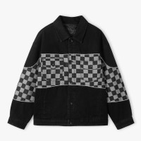 gxgjeans 棋盘格拼接休闲牛仔外套 黑色（夹棉款）
