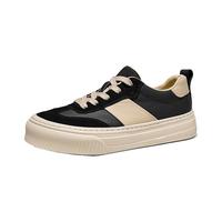 皓顿厚底拼色板鞋男真皮复古德训鞋2024夏季休闲皮鞋百搭男鞋 黑色 40 -适合运动鞋41码