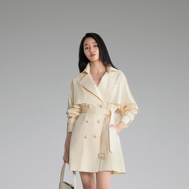 欧时力 黑标系列秋装 配腰带英伦风醋酸中长风衣外套女