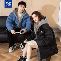 唐狮 小标拼接仿羊羔绒短款连帽羽绒服 雾蓝 S