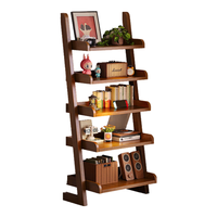 锦需实木书架落地梯形置物架一体靠墙书柜家用客厅展示架收纳架 5层 深胡桃色60.5x34x140cm