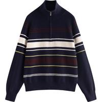 初语针织衫女2025秋季时髦运动风条纹宽松拉链领毛织上衣 藏青间条 M