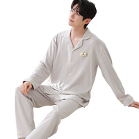 猫人男士睡衣男100%纯棉防螨抑菌简约清新开衫家居服浅灰色2XL