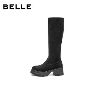 百丽（Belle）神靴复古骑士靴女25冬季新商场款粗跟增高显瘦弹力靴E5G1DDG5 黑色-绒里 34