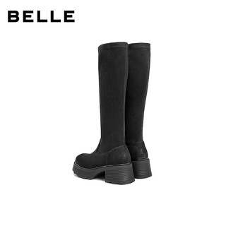 百丽（Belle）神靴复古骑士靴女25冬季新商场款粗跟增高显瘦弹力靴E5G1DDG5 黑色-绒里 34