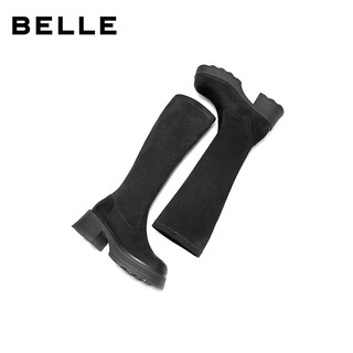 百丽（Belle）神靴复古骑士靴女25冬季新商场款粗跟增高显瘦弹力靴E5G1DDG5 黑色-绒里 34