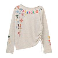 Basic House/百家好彩色涂鸦刺绣T恤女秋季抽绳设计宽松上衣 浅杏色 M