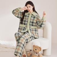 玛伦萨 manza 女士三层夹棉睡衣女可外穿秋冬季格子大码加绒加厚家居服套装女