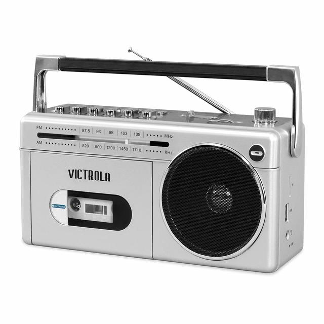 Victrola 迷你蓝牙音响 磁带播放录音 AMFM收音 USB播放 银色