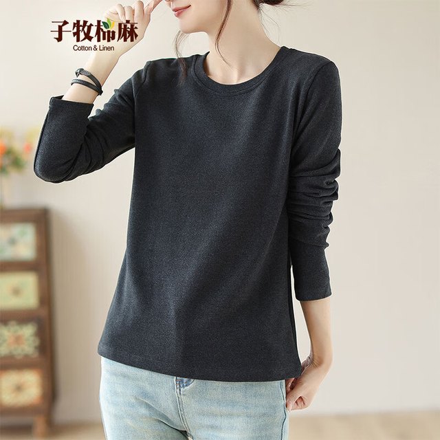 子牧棉麻 秋冬装 女韩版双面磨毛德绒圆领长袖打底衫加厚保暖上衣8699 加厚 黑色圆领德绒款