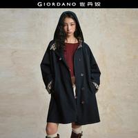 佐丹奴 设计系列2025年秋冬格纹拼接连帽宽松中长款牛仔风衣外套女款